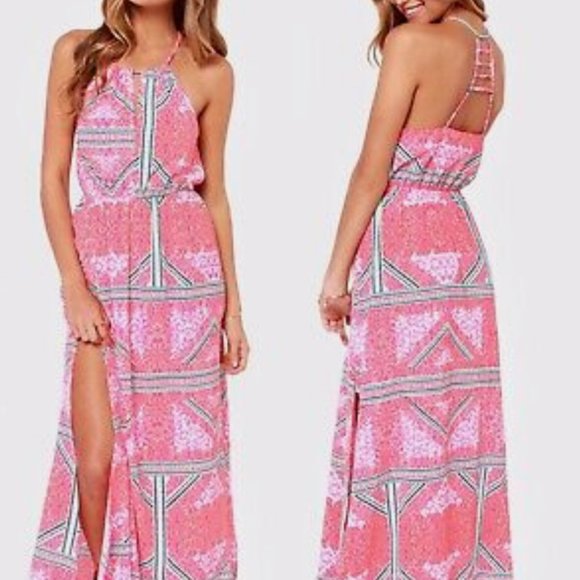 MinkPink Eastern Aztec Pink Print Maxi Dress Side Slits Sz M - Picture 4 of 10